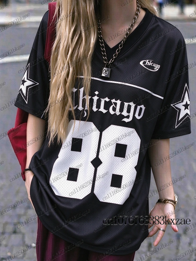 Vintage Chicago 88 Letter Print T-Shirt For Women V-Neck Short Sleeve Sports Football Jersey Outdoor Sports Fans Wear Y2K Tops