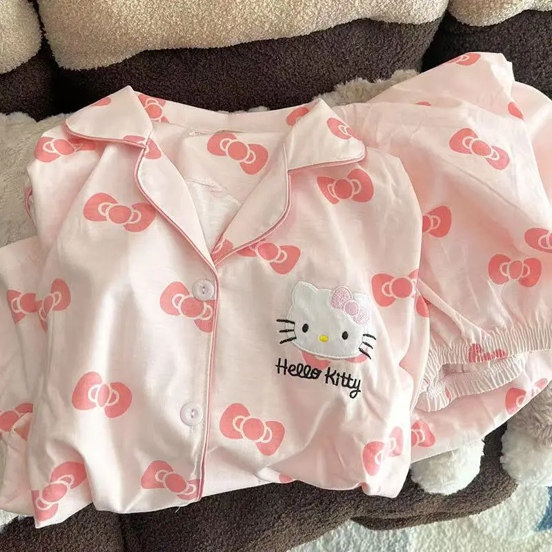 

Kawaii мультфильм женский пижамный костюм Hello Kitty аниме повседневная ночная рубашка милая домашняя одежда для девочек топы с длинными рукавами брюки