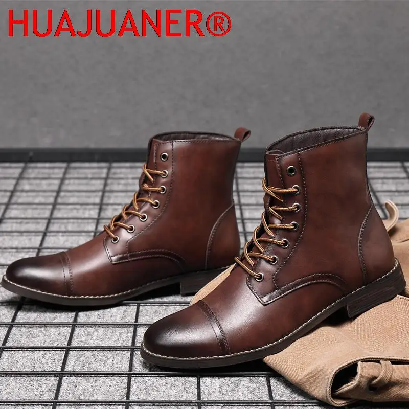 New Spring Autumn Fashion Brown Leather Men\'s High Boots Pointed Motorcycle Boots Men Outdoor Waterproof Ankle Boots Big Size 48