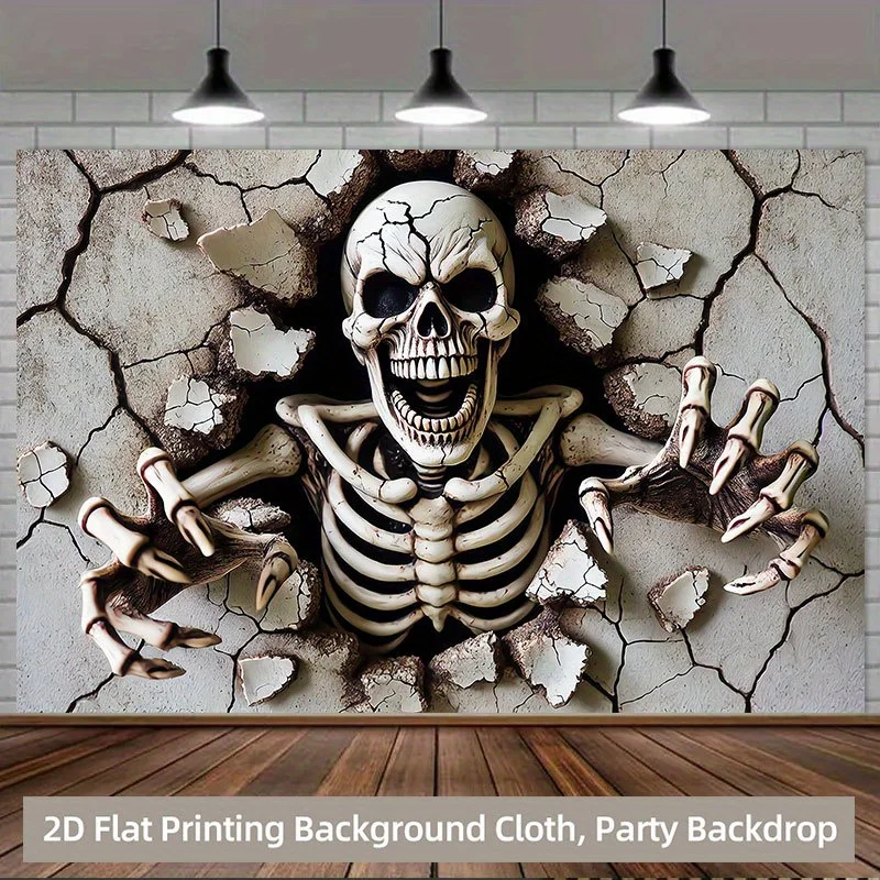 Skeleton Breaking Wall Tapestry, 3D Illusion Spooky Design, Halloween Themed Wall Art for Party Photo Backdrop and Home Decor