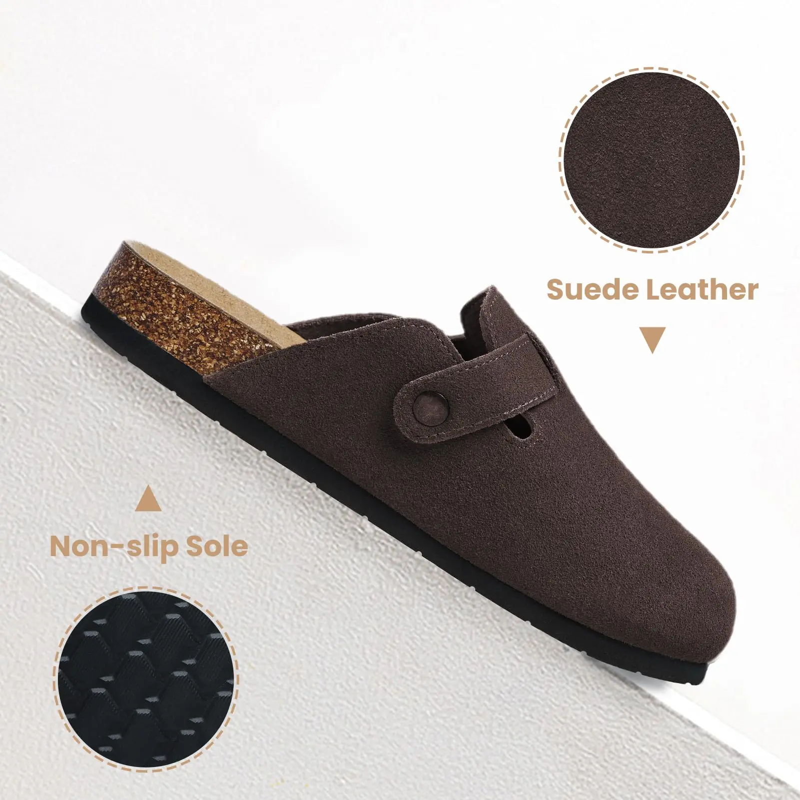 Evshine Summer Clogs With Cork Insole, Cow Suede, Buckle - Closed Toe, For Men & Women, Wide Width_voghion.com