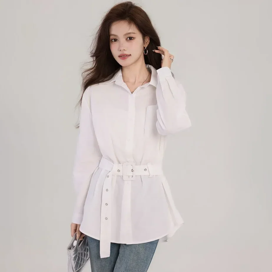 New Women's Elegant Belted Shirt Dress Casual Lapel Button Down Long Blouse Long Sleeve Waist Cinched Tunic Top for Daily Wear