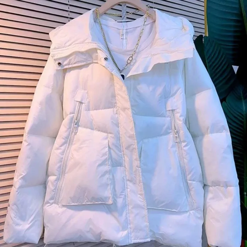 신상 후드 유럽풍 루즈핏 외국산 다운 재킷 겨울 단색 상의 고급 대형 사이즈 세련된 개성 심플