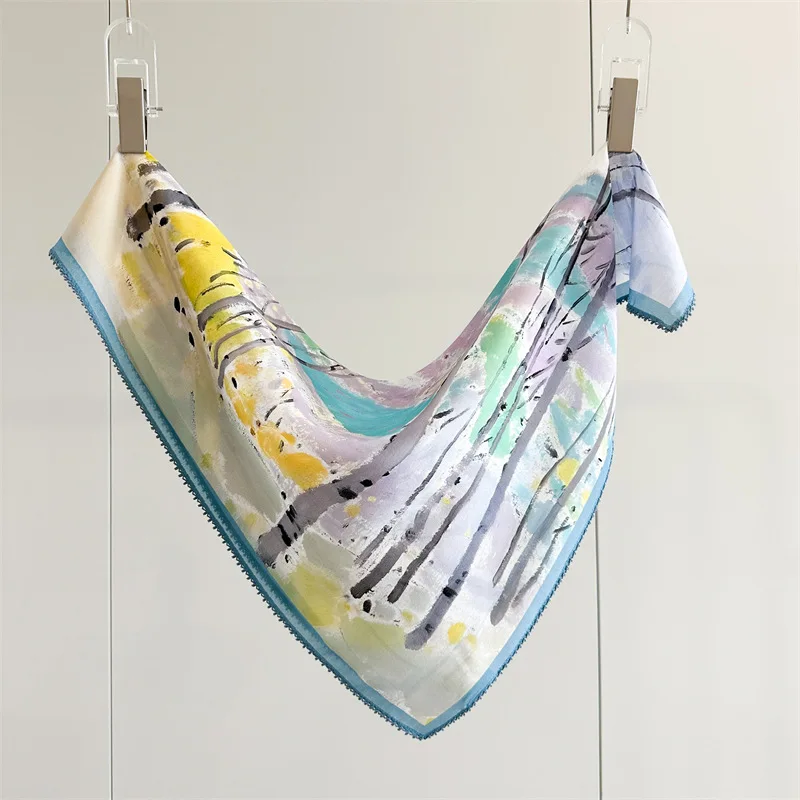 

100% Silk Square Scarf for Women Tree Landscape Oil Painting Print Neck Scarf Nature Art Bandana Head Scarf for Hair Wrapping