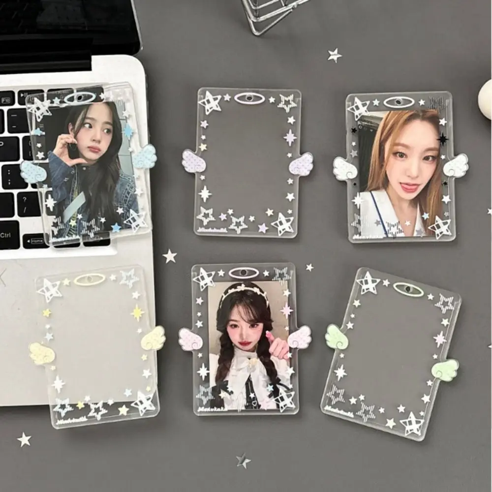 INS Acrylic Photocard Holder 3 Inch Card Display Colorful Angel Wings Card Holder Bag Pendant Card Protector Credit ID