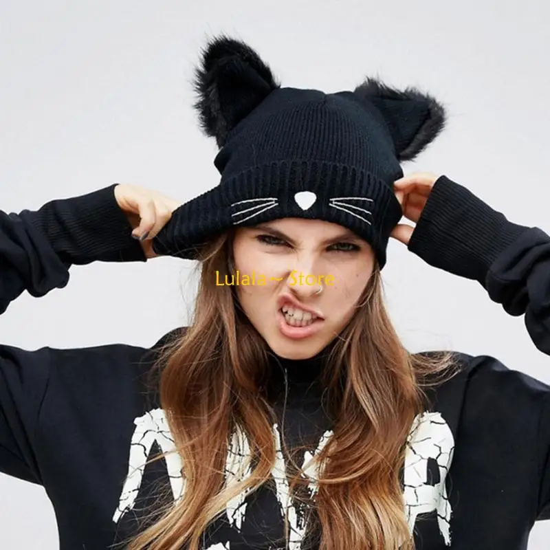 

Y4QA Lovely Cats Ears Knitted Hat With Fur Trim Women Color Winter Warm Hats
