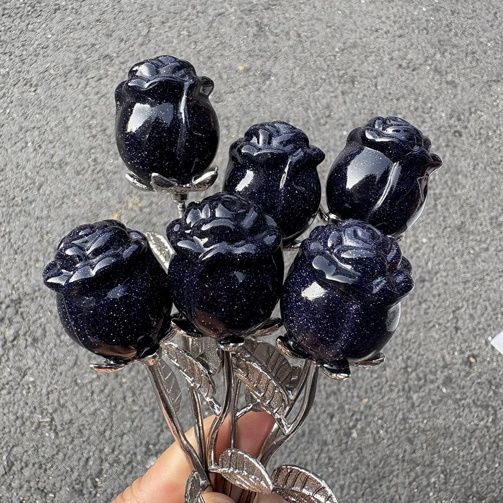 Custom Blue Sandstone Rose Flower Figurine - Gemstone Floral Stem Statue Tabletop Decor for Healing and Romantic Display