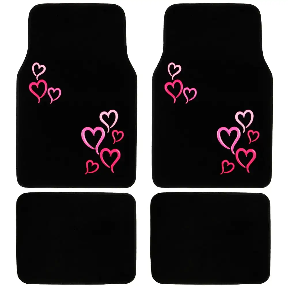 Pink & Red Hearts Design Carpet Car Floor Mats for Auto Van Truck SUV-4 Pieces Front & Rear Full Set with Rubber Backing-Univers