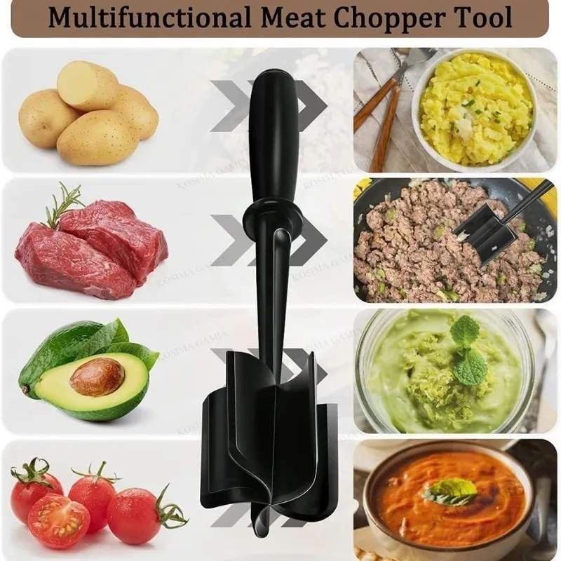 Handheld Meat Grinder with 5 Curve Blades Heat Resistant Nylon Hamburger Chopper Non-Scratch Masher Tool for Ground Beef