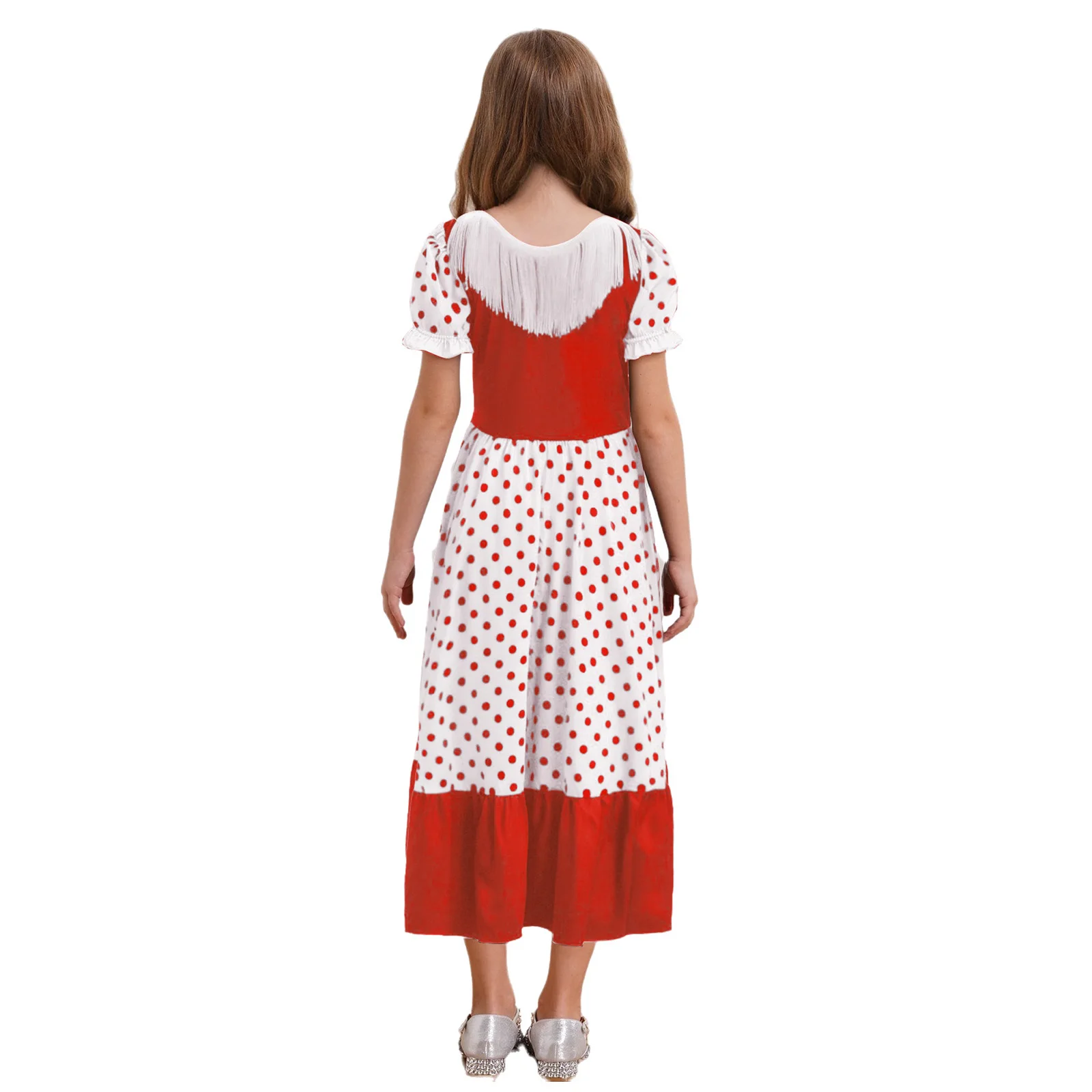 Crianças meninas dança de flamenco halloween desempenho traje borlas mangas curtas puff pontos cor bloco vestido para palco mostrar festa