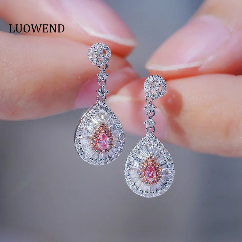 LUOWEND 100% 18K White Gold Earrings Elegant Design Real Natural Pink Diamond Drop Earrings for Women High Wedding Jewelry