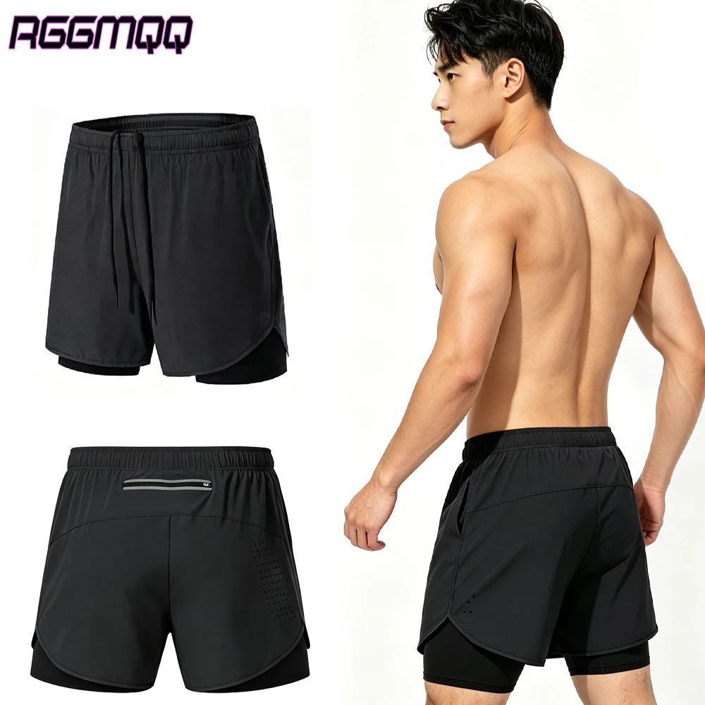 RGGMQQ 1PCS Men's 2 in 1 Compression Running Shorts - Quick Dry Gym Workout Shorts with Zipper Pockets & Anti-Chafing Liner