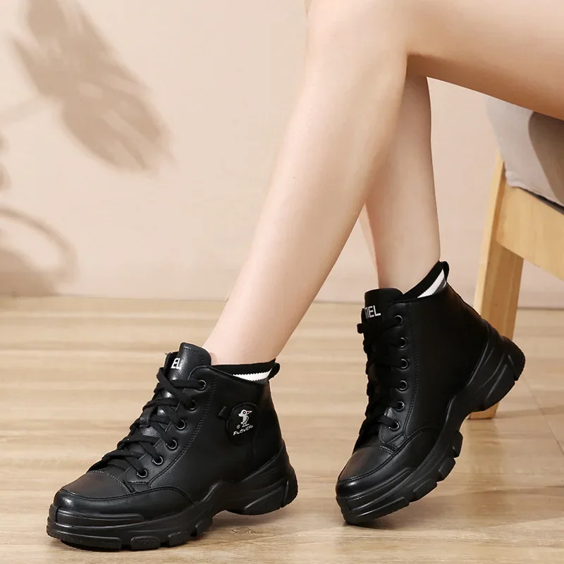 New 2024 Women Ankle Boots Warm PU Plush Winter Woman Shoes High-top Sneakers Ladies Lace Up Non-slip Casual Shoes Zapatillas