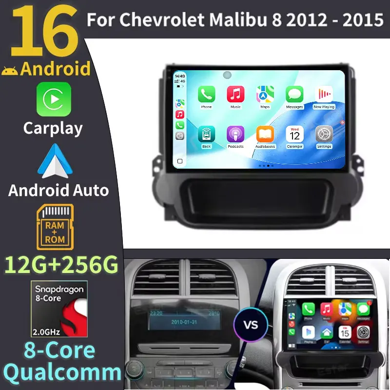 CarPlay inalámbrico y Android Auto para Chevrolet Malibu 8 2012 2013 2014 2015 Radio de coche Android 16 Estéreo Multimedia 2 DIN Autoradio