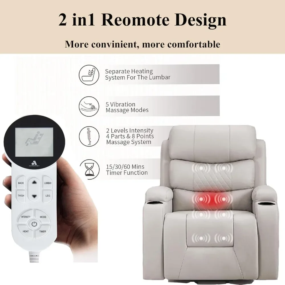 Electric Power Lift Recliner เก้าอี้สําหรับผู้สูงอายุที่มีการนวดและความร้อน, หนัง PU Recliner โซฟาเก้าอี้ยก 2 ถ้วยผู้ถือ