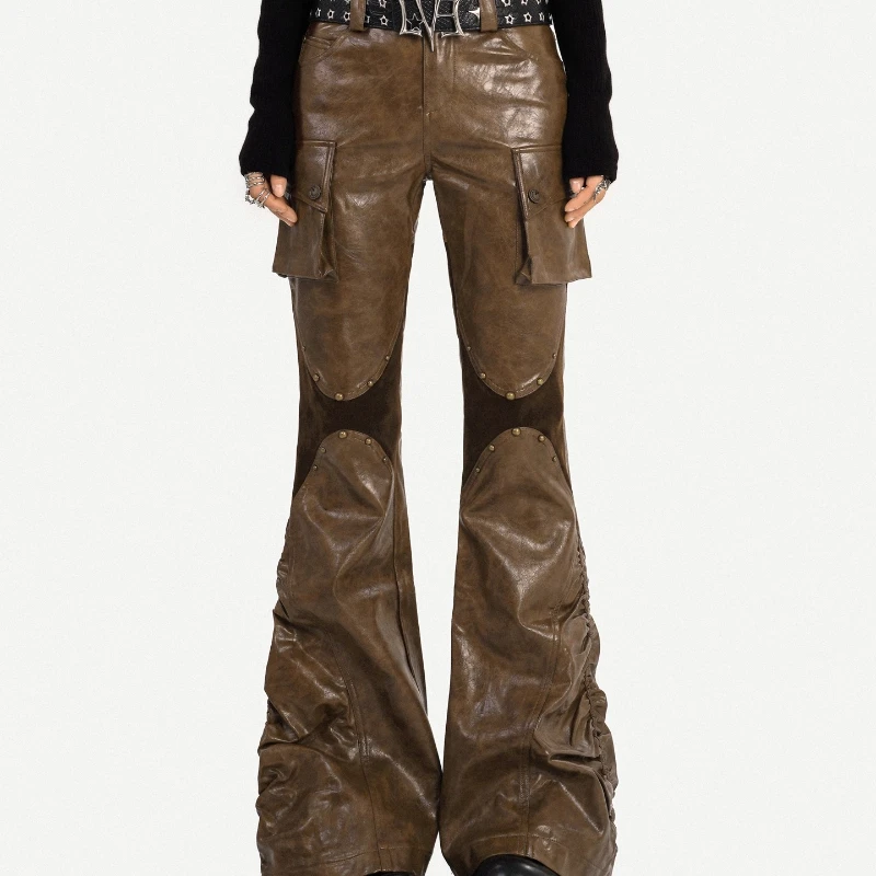 European American Retro PU Leather Women's Long Pants Autumn Sweet Cool Hot Girl Coffee Color Splicing Flared Overalls Ladies
