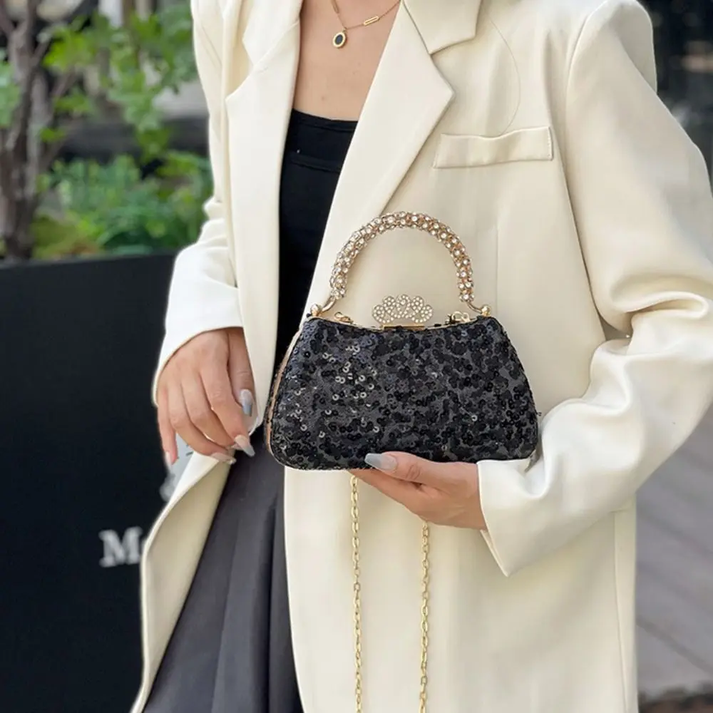 

Retro Metal Top Handle Evening Banquet Bag Glitter Sequin Box Handbag Large Capacity Crossbody Bag Ladies Clutch Bag Women