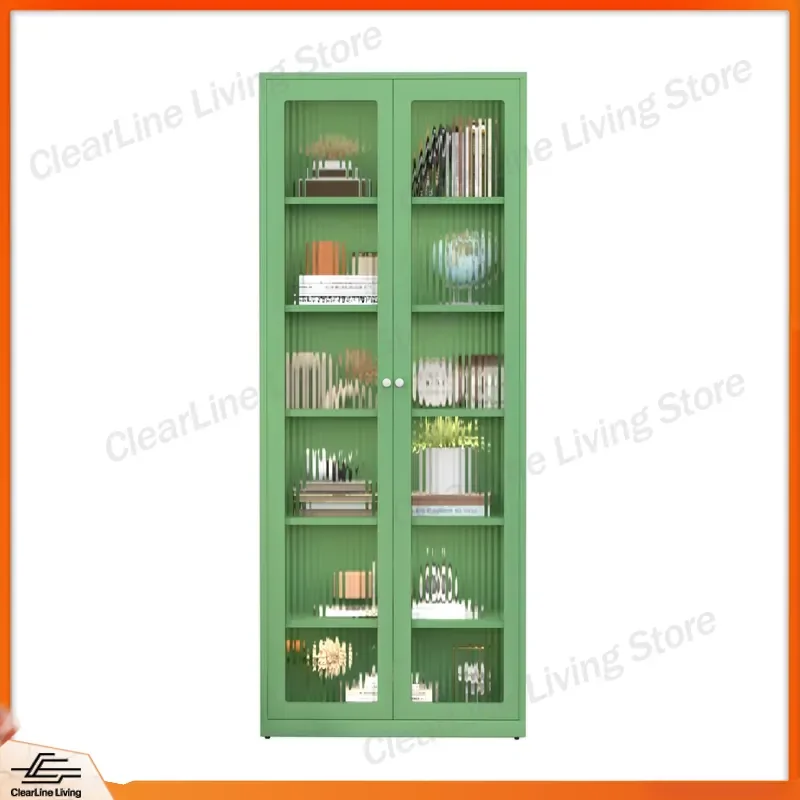 Tall Slim Steel Bookshelf with Glass Doors Corner Storage Cabinet for Small Spaces Modern Metal Display Shelf Home Office - view 4