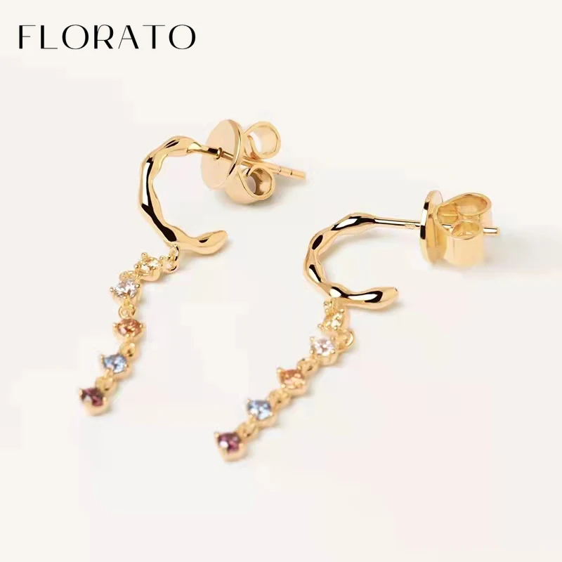 FLORATO 925 Sterling Silver Ear Needle Multi-zircon Color Chain Pendant Stud Earrings For Women Vintage Fashion Party Jewelry