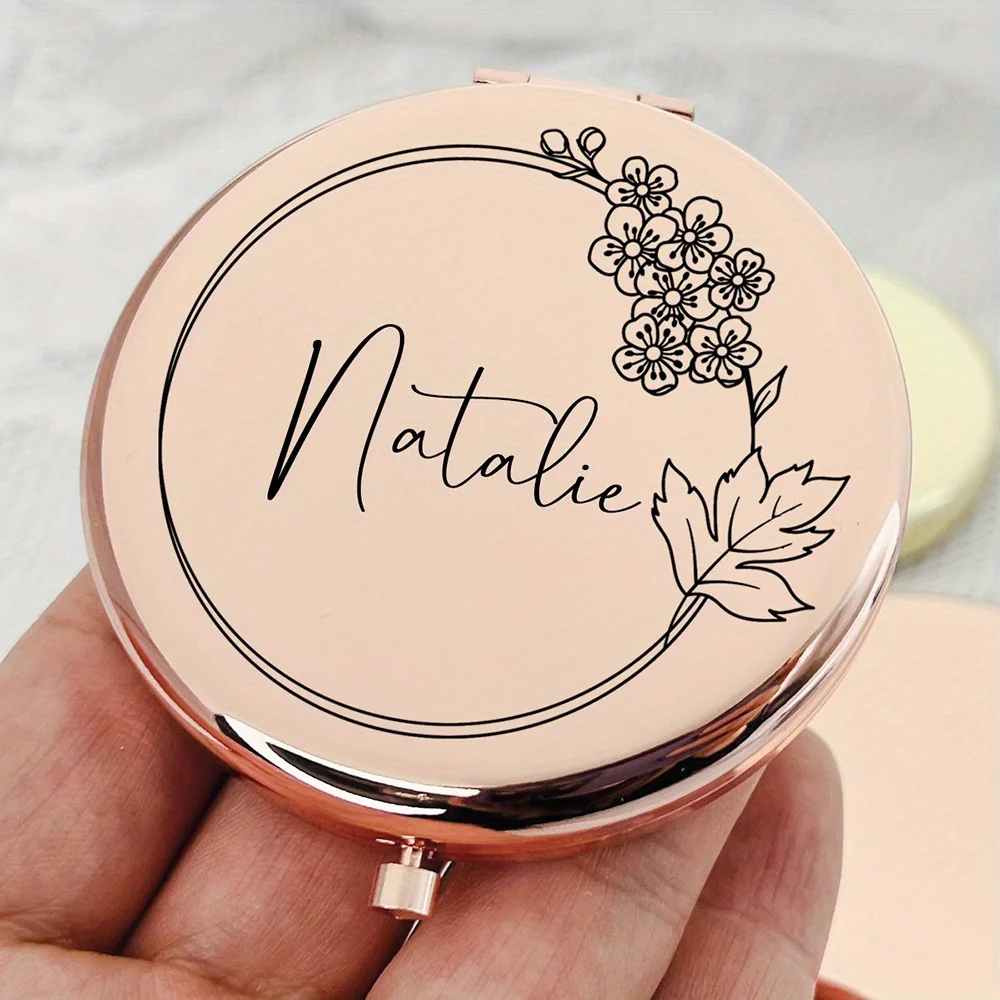 Kompakter Blumenspiegel mit individuellem Namen, eleganter, roségoldener Finish, Vintage-inspirierter Taschen-Make-up-Spiegel mit personalisierter Aufschrift