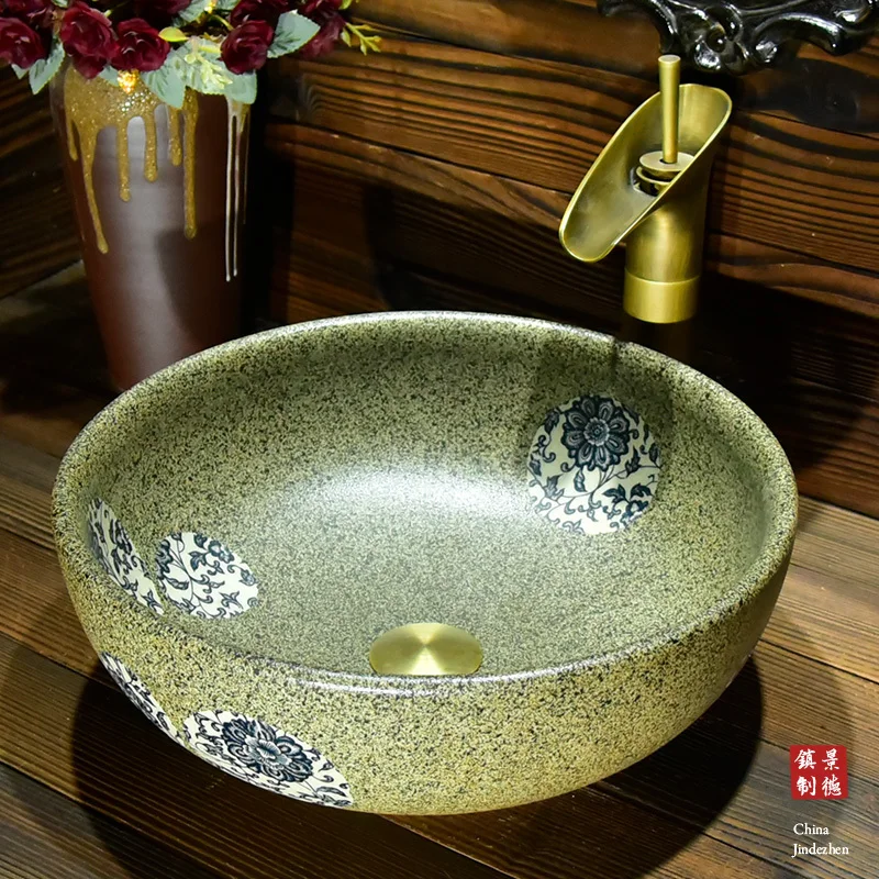 

China Artistic Handmade porcelain art Lavobo Round Countertop blue wash basin oval