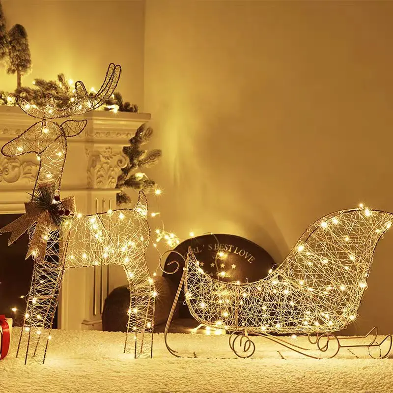 Christmas Luminous Deer Window Decoration Wrought Iron Deer Christmas Deer Cart with Light Gift Box Christmas Ornaments