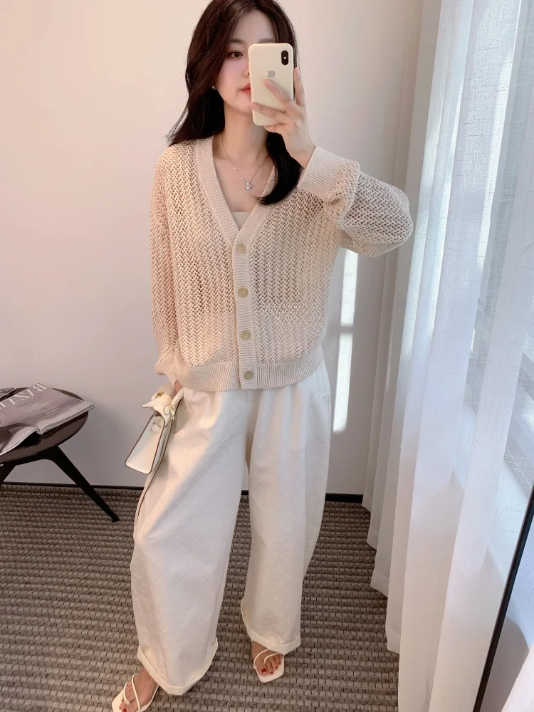 

Женский повседневный летний кардиган Thoey Chen, вязаный свитер с ажурным узором, свободный крой, из смесового льна, с длинными рукавами, V-образный вырез