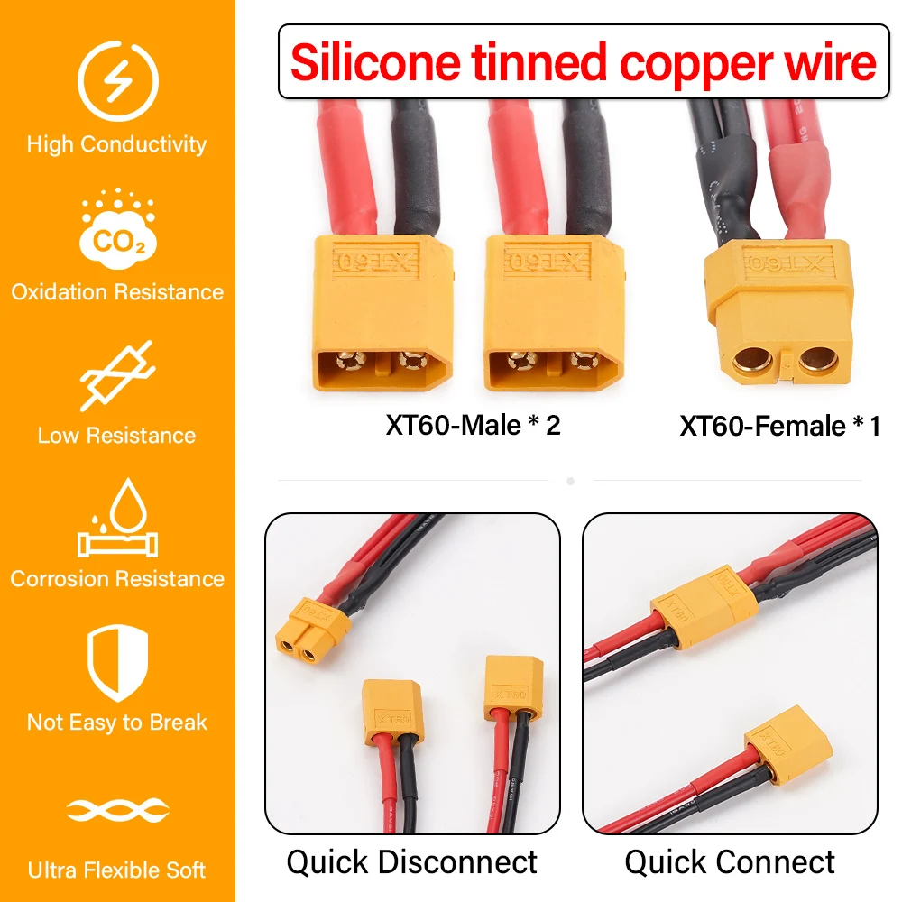 50CM 16AWG XT60 Battery Connector Cable Male Female Wire Dual Extension Y Splitter 3-Way Cable Adapter Convertor Battery Power