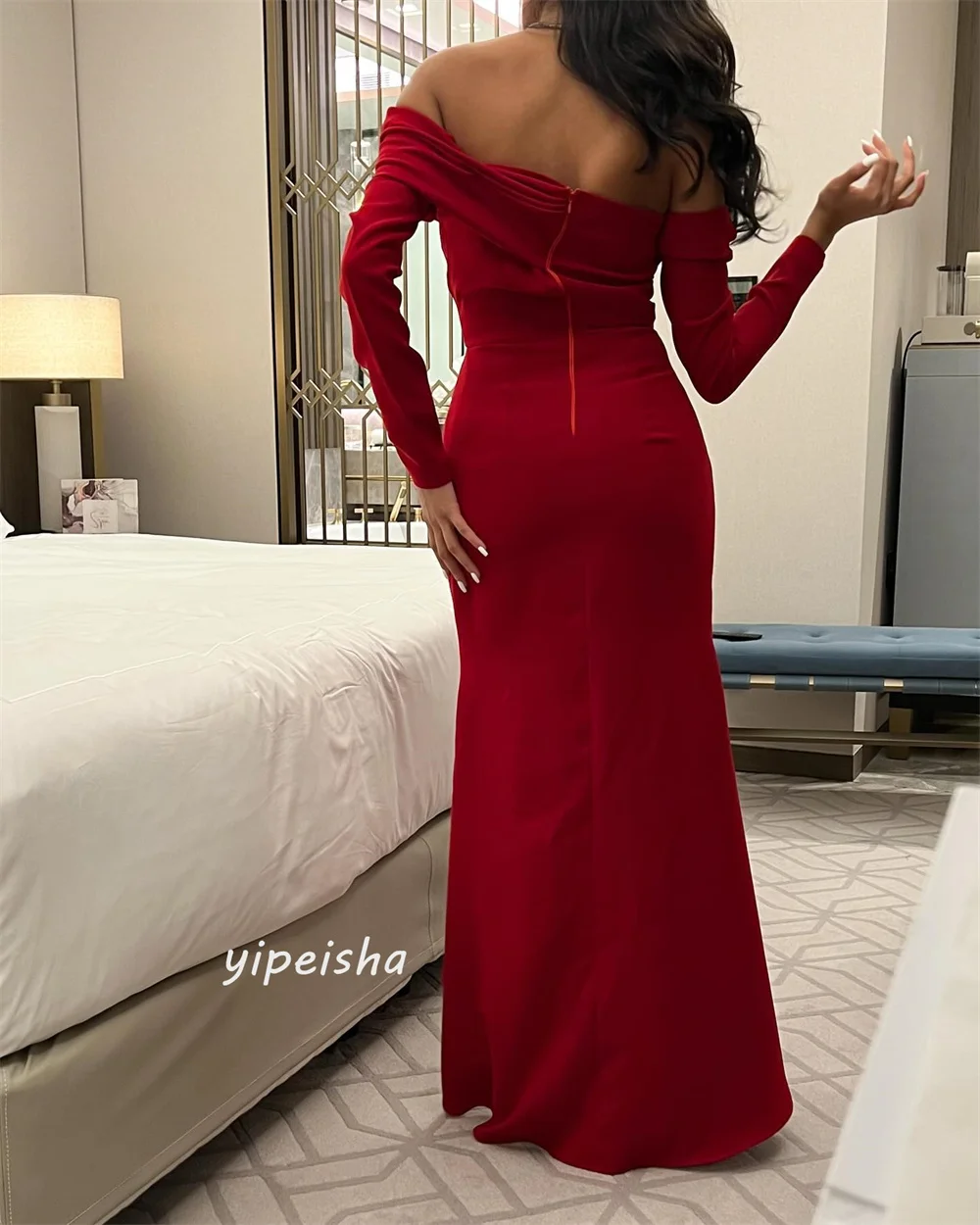 Jiayigong  Jersey Draped Pleat  A-line Off-the-shoulder Bespoke Occasion Gown Long Sleeve Dresses Saudi Arabia