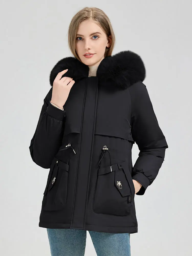 Vielleicht Nuova giacca invernale da donna spessa Parka Piumino in cotone Cappotto lungo casual Fodera in lana Parka caldo con cappuccio Capispalla