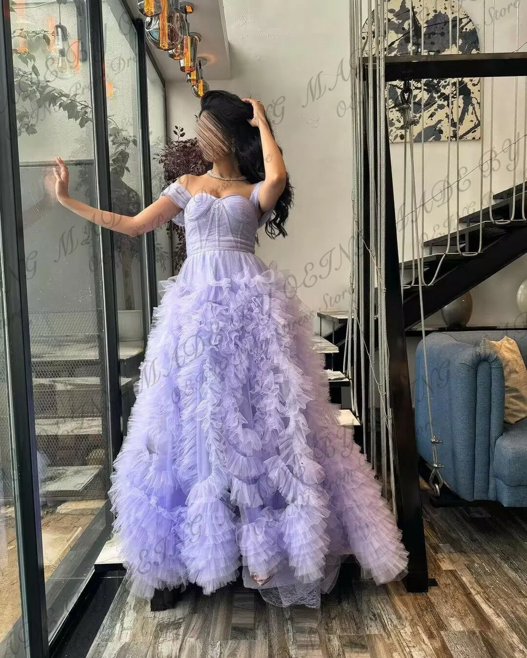 OEING Lavender A Line Evening Dresses Elegant Off The Shoulder Ruffles Tulle Prom Gowns Formal Occasion Wedding Party Dress