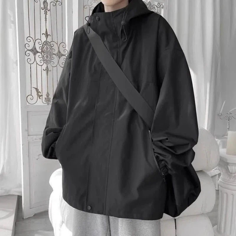 Men's Black Zipper Patchwork Loose Coats Spring Autumn New Long Sleeve Solid Trend Casual Jackets Fashion Vintage Men Clothing