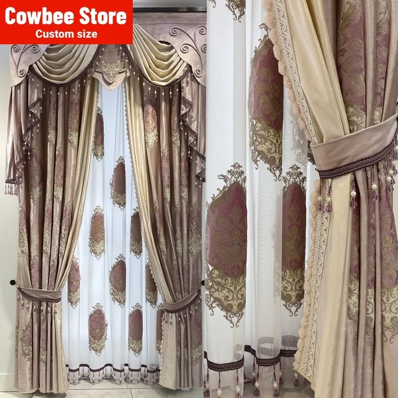 

European Luxury Pink Curtains for Living Room Bedroom Dining Blackout Embroidered Velvet Patchwork Custom Size Valance Tulle