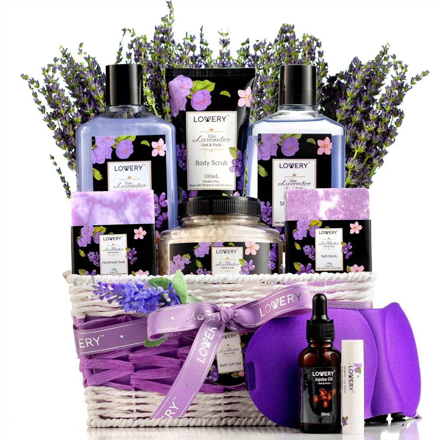 Lavender & Lilac Spa Gift Basket for Women, Handmade Soap, Bath Bomb, Jojoba Oil, Organic Lip Balm - Stress Relief Self Care Set