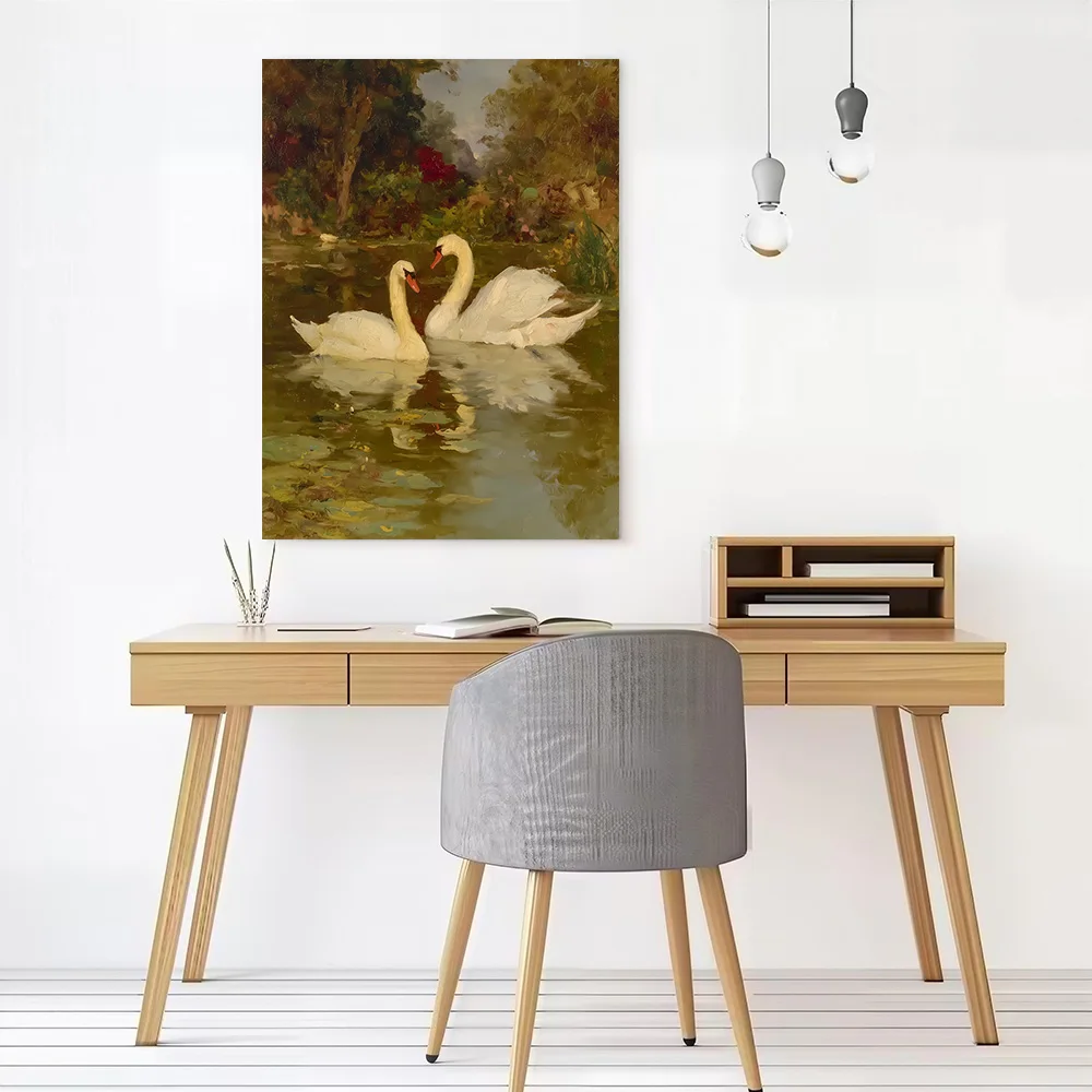Swans in a Pond Painting Canvas Wall Arts Poster Customizable Pictures Printing for Room Bathroom Decor Luxury Bedroom Art Print