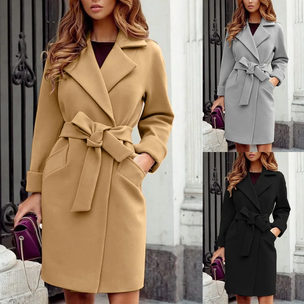 Women\'s Fashion Autumn/Winter New Slim Fit Waistband Flip Collar Woolen Coat