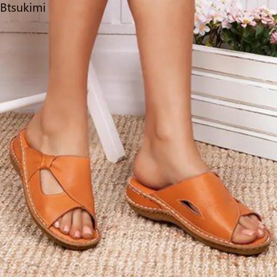 

2025 Plus Size Slippers for Women Summer Fashion Vintage Wedge Flat Heel Hollow Out Sandals Ladies Outdoor Casual Slides Shoes