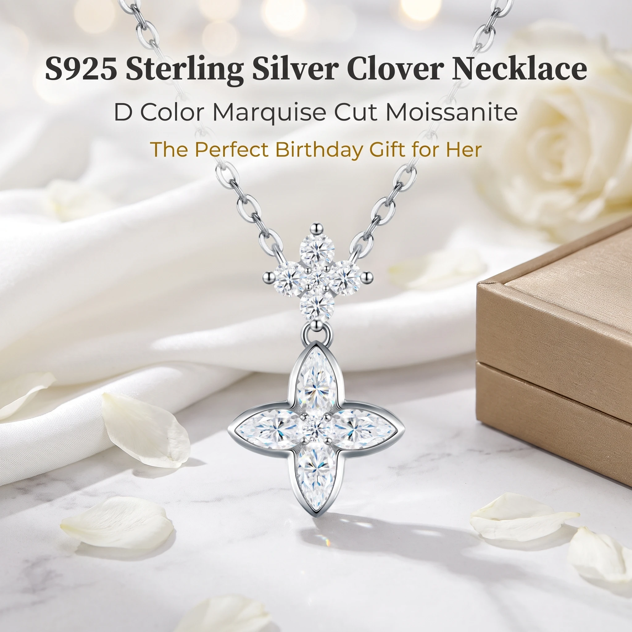 S925 Sterling Silver Inlaid MarquiseCut DColor Moissanite Clover Necklace for Women, GRA Certified Birthday Party Gift