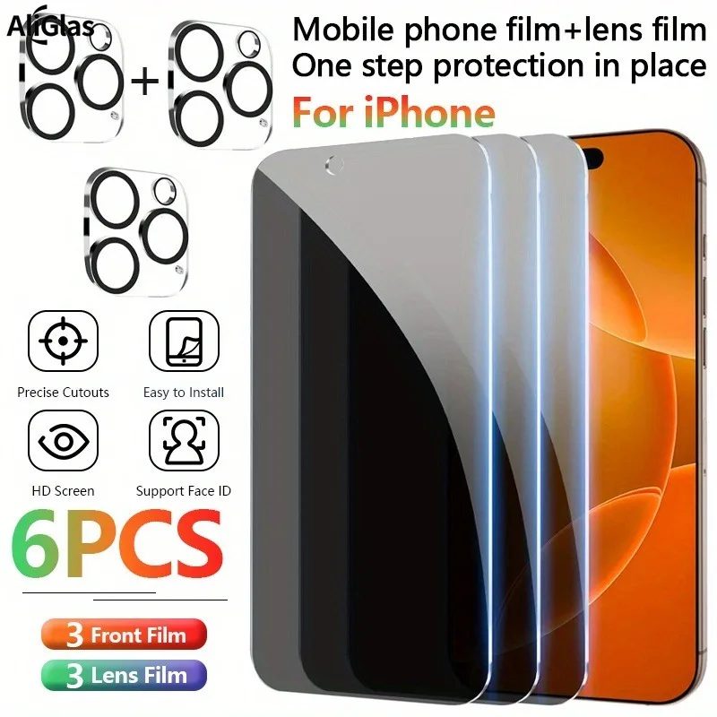 3er-Pack Sichtschutz-Displayschutzfolie aus gehärtetem Glas mit 3 Stück Kameraobjektivfolie für iPhone 11 12 13 14 15 16 17 Pro Max 16e Air Glass