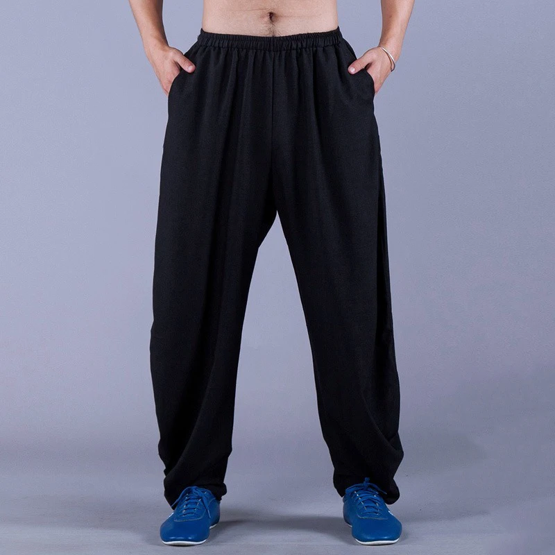 Tai Chi Pants Kung Fu Martial Art Pants Mens Drawstring Hippie Pants Elastic Waist Novelty Pant women Trousers Lounge Pant BLACK