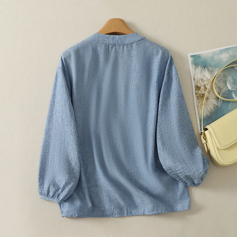 Retro Japanese Style Loose Long Sleeve Blue V-Neck Shirt Women's Sun Protection Outerwear Shirt Lazy Style Cover-Up Top