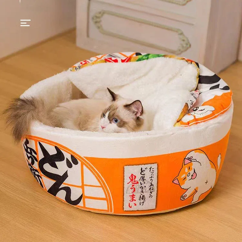 Casa roja para perros y gatos, perrera súper grande con fideos instantáneos, nido cálido para perros y gatos, cojín, taza Udon, cama para mascotas con fideos, nido acogedor