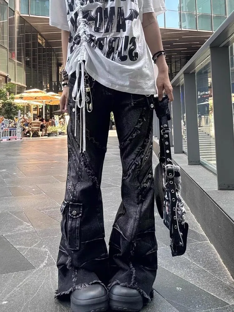 

Черные джинсы-карго с высокой талией 2000-х годов, потертые усы, брюки с несколькими карманами, женские уличные джинсы в стиле ретро в стиле гранж