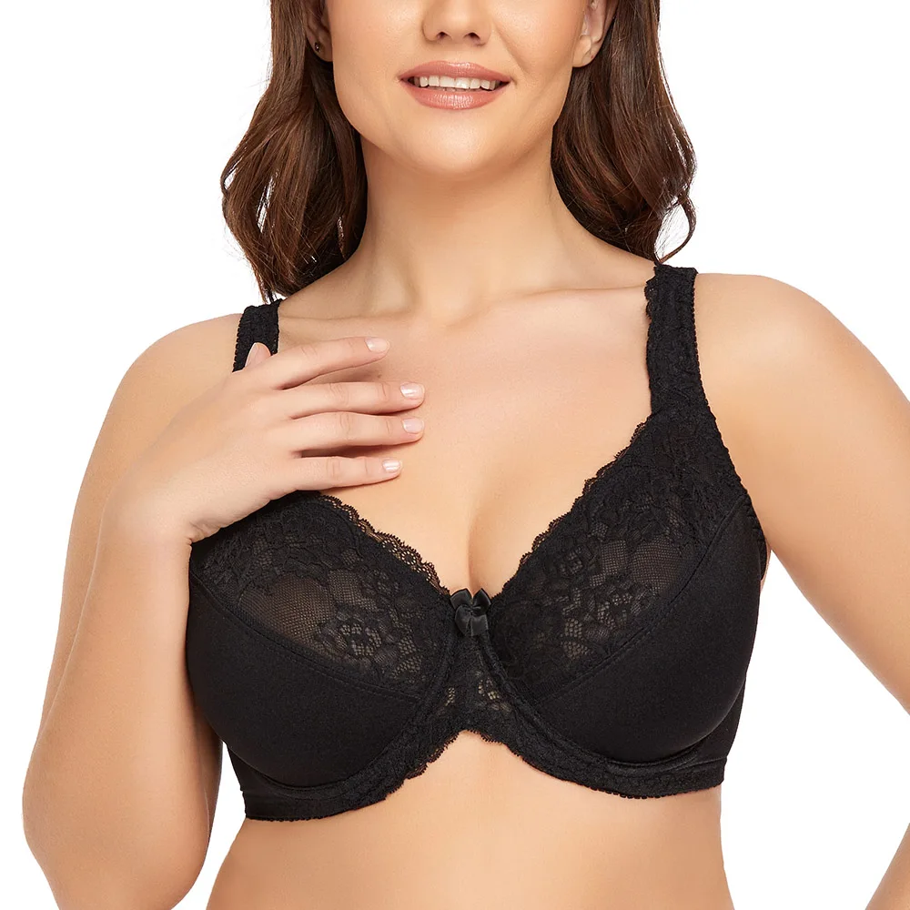 Women Bra Black Lace Underwear Minimizer Full Coverage Non-padded Soft Underwire Bra Women Plus Size Bra C D E F G H I J