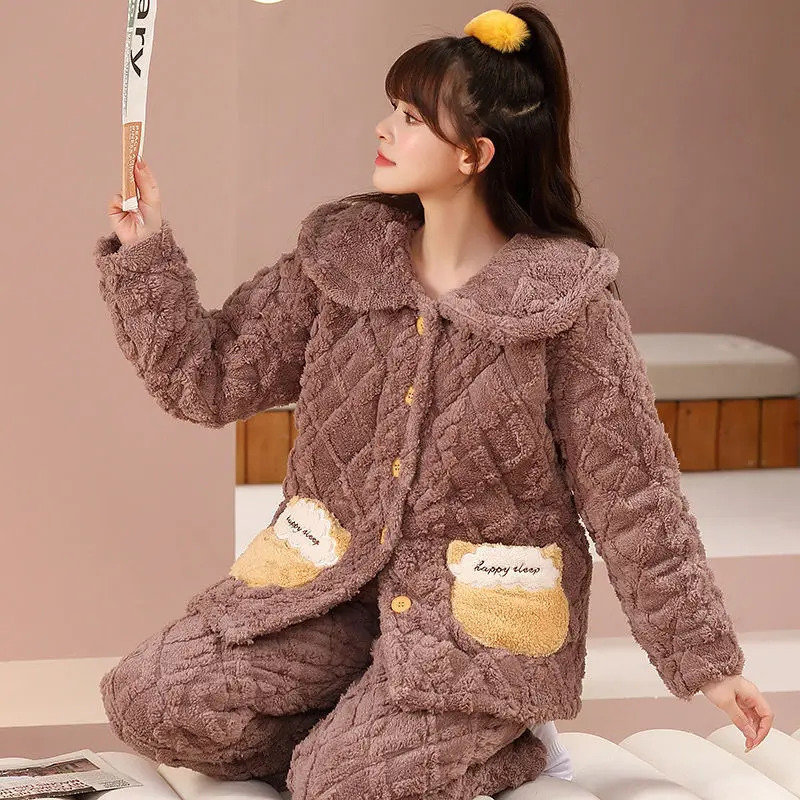 Pajamas Three Layers Cotton Padded Sleepwear Sets Women Coral Velvet Warm Flannel Autumn Winter Outside Wear Home Service Suit