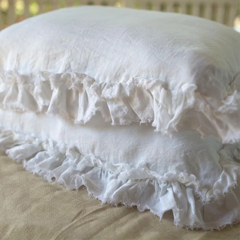 

Ruffled Pillow Shams Shabby Chic Pillowcases Farmhouse Ruffle Country Elegant 100% French Washed Linen Vintage Decorative TJ7335