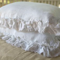 Ruffled Pillow Shams Shabby Chic Pillowcases Farmhouse Ruffle Country Elegant 100% French Washed Linen Vintage Decorative TJ7335