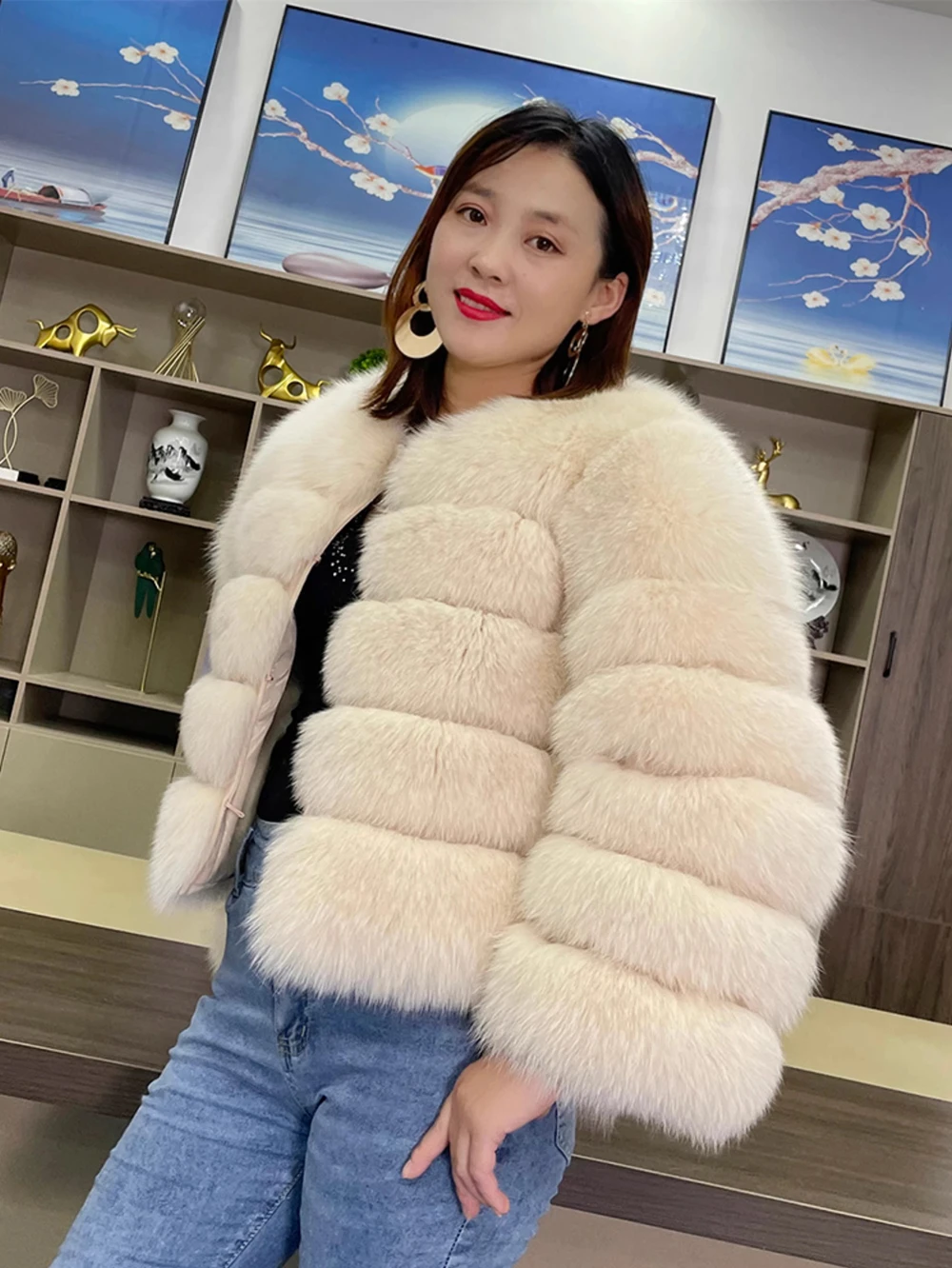 Real Fox Fur Short Jacket for Women, Female Luxury Winter Coat, Full Sleeves, Beige Natural Fox Fur, Cropped for Girls