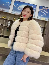 Jaqueta curta real Fox Fur para mulheres, casaco de inverno luxuoso feminino, manga completa, pele de raposa natural bege, cortada para meninas