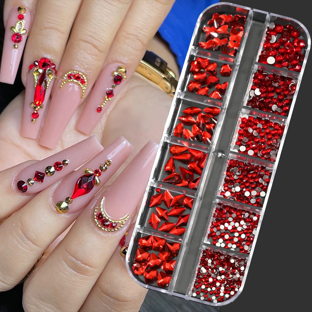 12Grid Luxury Red Crystal Nail Rhinestones Mix Shapes Flatback Nail Diamond Glass Strass DIY Charms Gem Nail Art Decoration